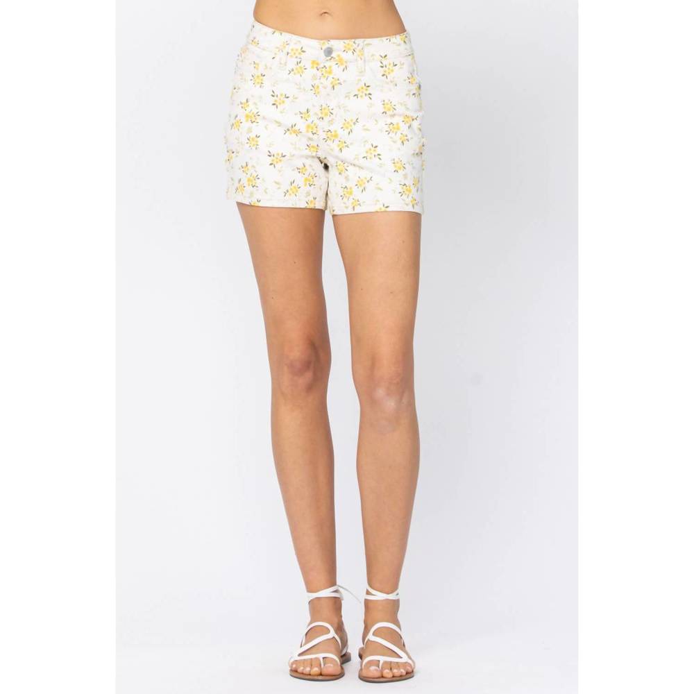 Judy Blue White Floral Jean Shorts with Yellow Print